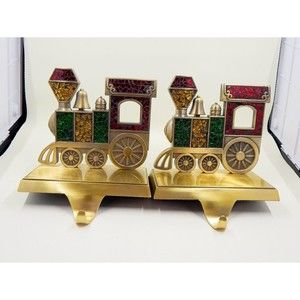 Christmas Stocking Holder Train Glass Mosaic Hanger Brushed Bronze Finish Pair